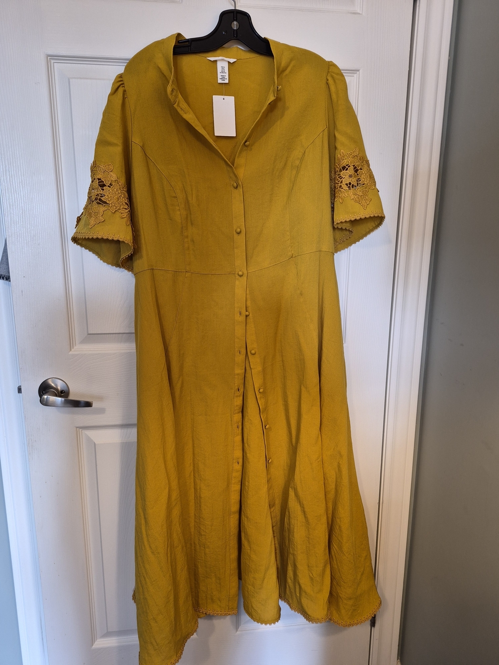 Mustard Yellow Button-Front Womens Dress with Lace Sleeves BNWT